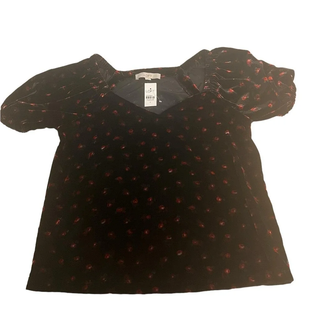 LOFT Floral Velvet Puff Sleeve Top Black & Red Sweetheart Neckline Women's Small